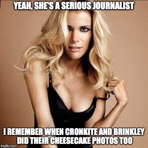 YEAH, SHE'S A SERIOUS JOURNALIST; I REMEMBER WHEN CRONKITE AND BRINKLEY DID THEIR CHEESECAKE PHOTOS TOO | image tagged in k | made w/ Imgflip meme maker