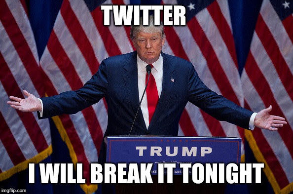 Donald Trump | TWITTER; I WILL BREAK IT TONIGHT | image tagged in donald trump | made w/ Imgflip meme maker