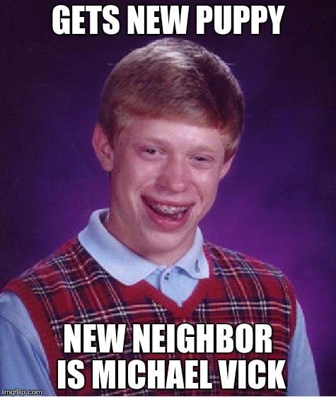 Bad Luck Brian Meme | GETS NEW PUPPY; NEW NEIGHBOR IS MICHAEL VICK | image tagged in memes,bad luck brian | made w/ Imgflip meme maker