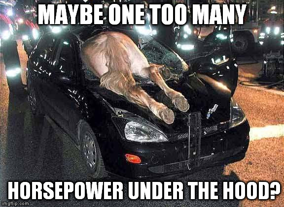 TOO. MUCH. HORSEPOWER. | MAYBE ONE TOO MANY; HORSEPOWER UNDER THE HOOD? | image tagged in meme,car crash,wtf,horsepower,lol | made w/ Imgflip meme maker