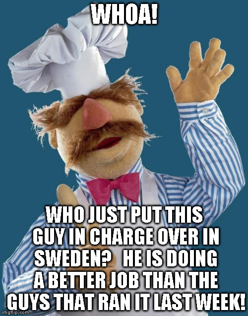 Swedish Chef | WHOA! WHO JUST PUT THIS GUY IN CHARGE OVER IN SWEDEN?   HE IS DOING A BETTER JOB THAN THE GUYS THAT RAN IT LAST WEEK! | image tagged in swedish chef | made w/ Imgflip meme maker