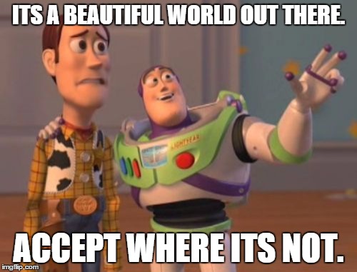 X, X Everywhere | ITS A BEAUTIFUL WORLD OUT THERE. ACCEPT WHERE ITS NOT. | image tagged in memes,x x everywhere | made w/ Imgflip meme maker