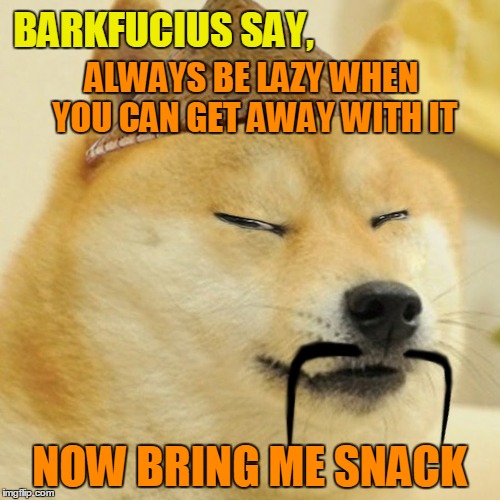 BARKFUCIUS SAY, NOW BRING ME SNACK ALWAYS BE LAZY WHEN YOU CAN GET AWAY WITH IT | made w/ Imgflip meme maker