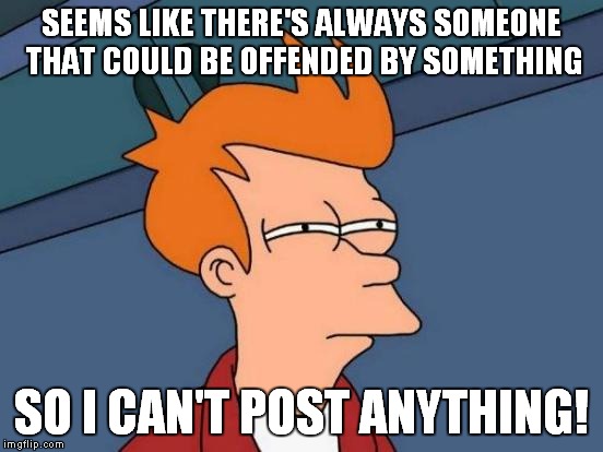 Futurama Fry Meme | SEEMS LIKE THERE'S ALWAYS SOMEONE THAT COULD BE OFFENDED BY SOMETHING SO I CAN'T POST ANYTHING! | image tagged in memes,futurama fry | made w/ Imgflip meme maker