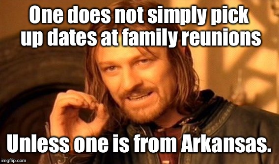 The shallow end of the gene pool. | One does not simply pick up dates at family reunions; Unless one is from Arkansas. | image tagged in memes,one does not simply,incest,family reunions,arkansas,dates | made w/ Imgflip meme maker