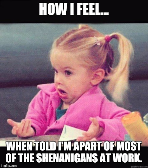 Dafuq Girl | HOW I FEEL... WHEN TOLD I'M APART OF MOST OF THE SHENANIGANS AT WORK. | image tagged in dafuq girl | made w/ Imgflip meme maker