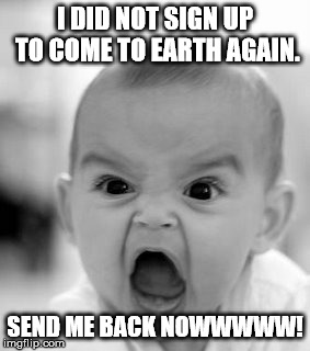Angry Baby Meme | I DID NOT SIGN UP TO COME TO EARTH AGAIN. SEND ME BACK NOWWWWW! | image tagged in memes,angry baby | made w/ Imgflip meme maker