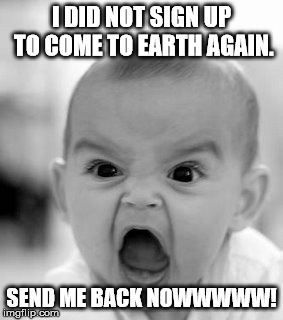 Angry Baby | I DID NOT SIGN UP TO COME TO EARTH AGAIN. SEND ME BACK NOWWWWW! | image tagged in memes,angry baby | made w/ Imgflip meme maker