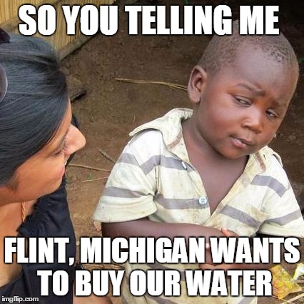 Third World Skeptical Kid Meme | SO YOU TELLING ME; FLINT, MICHIGAN WANTS TO BUY OUR WATER | image tagged in memes,third world skeptical kid,flint,water,michigan | made w/ Imgflip meme maker