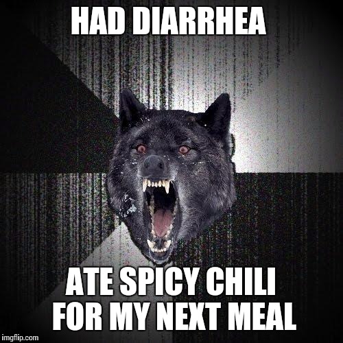 Insanity Wolf Meme | HAD DIARRHEA; ATE SPICY CHILI FOR MY NEXT MEAL | image tagged in memes,insanity wolf,TrollXChromosomes | made w/ Imgflip meme maker