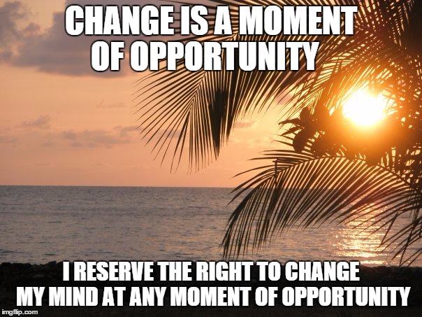 Elixir Smoothie Days | CHANGE IS A MOMENT OF OPPORTUNITY; I RESERVE THE RIGHT TO CHANGE MY MIND AT ANY MOMENT OF OPPORTUNITY | image tagged in happy,elixir smoothie,flash mob juicers,and relax | made w/ Imgflip meme maker