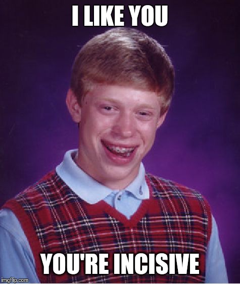 Bad Luck Brian | I LIKE YOU; YOU'RE INCISIVE | image tagged in memes,bad luck brian | made w/ Imgflip meme maker