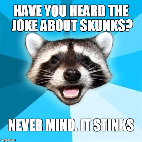 Pun Coon asks... | HAVE YOU HEARD THE JOKE ABOUT SKUNKS? NEVER MIND. IT STINKS | image tagged in memes,lame pun coon | made w/ Imgflip meme maker