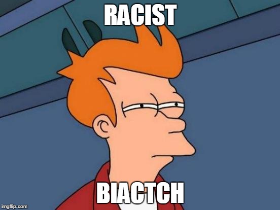 Futurama Fry | RACIST; BIACTCH | image tagged in memes,futurama fry | made w/ Imgflip meme maker