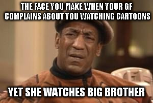 Bill Cosby What?? | THE FACE YOU MAKE WHEN YOUR GF COMPLAINS ABOUT YOU WATCHING CARTOONS; YET SHE WATCHES BIG BROTHER | image tagged in bill cosby what | made w/ Imgflip meme maker