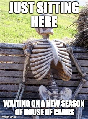 Waiting Skeleton Meme | JUST SITTING HERE; WAITING ON A NEW SEASON OF HOUSE OF CARDS | image tagged in memes,waiting skeleton | made w/ Imgflip meme maker