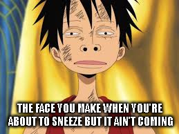 Aint this about a ... | THE FACE YOU MAKE WHEN YOU'RE ABOUT TO SNEEZE BUT IT AIN'T COMING | image tagged in luffy,sneeze,feelings,chemistry,spiderman,funny meme | made w/ Imgflip meme maker