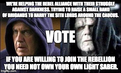 Patriot Sith | WE’RE HELPING THE REBEL ALLIANCE WITH THEIR STRUGGLE AGAINST DARKNESS. TRYING TO RAISE A SMALL BAND OF BRIGANDS TO HARRY THE SITH LORDS AROUND THE CAUCUS. VOTE; IF YOU ARE WILLING TO JOIN THE REBELLION YOU NEED NOT OWN YOUR OWN LIGHT SABER. | image tagged in patriot sith | made w/ Imgflip meme maker