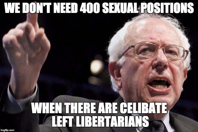 Bernie's Left Sense | WE DON'T NEED 400 SEXUAL POSITIONS; WHEN THERE ARE CELIBATE LEFT LIBERTARIANS | image tagged in bernie sanders,left,libertarians | made w/ Imgflip meme maker