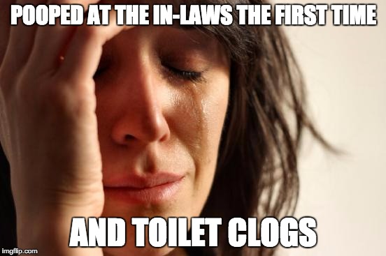 First World Problems Meme | POOPED AT THE IN-LAWS THE FIRST TIME; AND TOILET CLOGS | image tagged in memes,first world problems | made w/ Imgflip meme maker