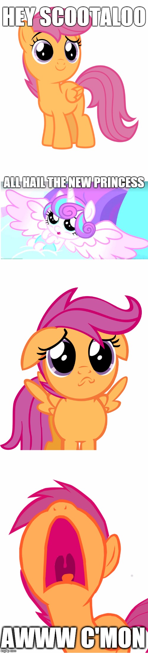 Wing Envy | HEY SCOOTALOO; ALL HAIL THE NEW PRINCESS; AWWW C'MON | image tagged in scootaloo,mlp,flurry,s6 | made w/ Imgflip meme maker