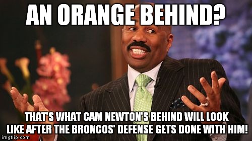 Steve Harvey Meme | AN ORANGE BEHIND? THAT'S WHAT CAM NEWTON'S BEHIND WILL LOOK LIKE AFTER THE BRONCOS' DEFENSE GETS DONE WITH HIM! | image tagged in memes,steve harvey | made w/ Imgflip meme maker
