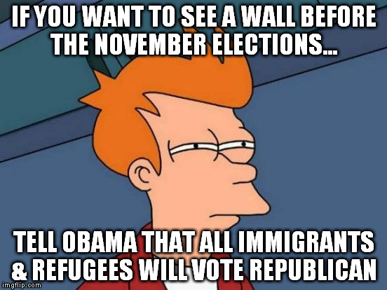 How to secure the borders | IF YOU WANT TO SEE A WALL BEFORE THE NOVEMBER ELECTIONS... TELL OBAMA THAT ALL IMMIGRANTS & REFUGEES WILL VOTE REPUBLICAN | image tagged in memes,futurama fry | made w/ Imgflip meme maker