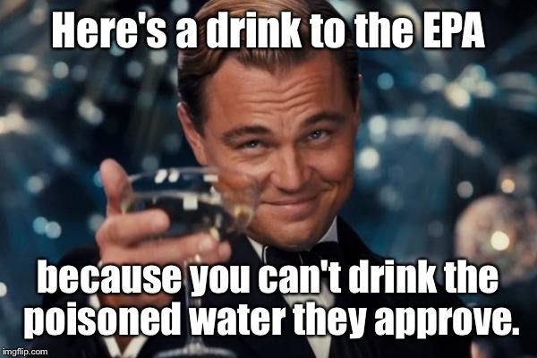 Another reason to drink! | Here's a drink to the EPA; because you can't drink the poisoned water they approve. | image tagged in memes,leonardo dicaprio cheers,epa,poisoned water,lead poisoning,flint | made w/ Imgflip meme maker