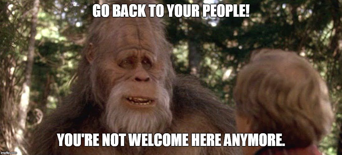 GO BACK TO YOUR PEOPLE! YOU'RE NOT WELCOME HERE ANYMORE. | image tagged in bigfoot | made w/ Imgflip meme maker