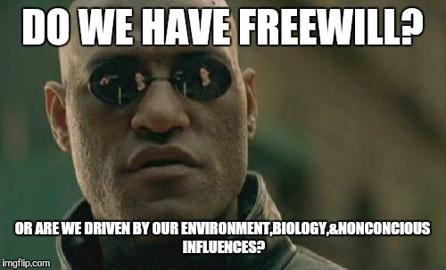 Matrix Morpheus | DO WE HAVE FREEWILL? OR ARE WE DRIVEN BY OUR ENVIRONMENT,BIOLOGY,&NONCONCIOUS INFLUENCES? | image tagged in memes,matrix morpheus | made w/ Imgflip meme maker