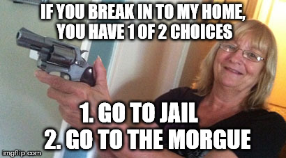 Beware Intruders | IF YOU BREAK IN TO MY HOME, YOU HAVE 1 OF 2 CHOICES; 1. GO TO JAIL   
2. GO TO THE MORGUE | image tagged in funny,guns,women,sexy women,hilarious,funny memes | made w/ Imgflip meme maker