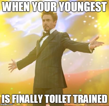 Robert Downey Jr Iron Man | WHEN YOUR YOUNGEST; IS FINALLY TOILET TRAINED | image tagged in robert downey jr iron man | made w/ Imgflip meme maker