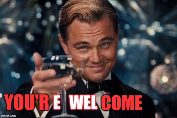 Leonardo Dicaprio Cheers Meme | YOU'R E   WEL COME | image tagged in memes,leonardo dicaprio cheers | made w/ Imgflip meme maker