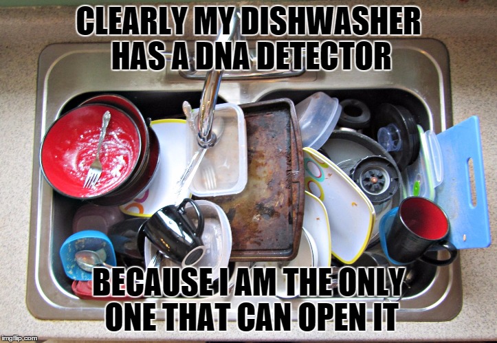 Anti - Dishes | CLEARLY MY DISHWASHER HAS A DNA DETECTOR; BECAUSE I AM THE ONLY ONE THAT CAN OPEN IT | image tagged in anti - dishes | made w/ Imgflip meme maker