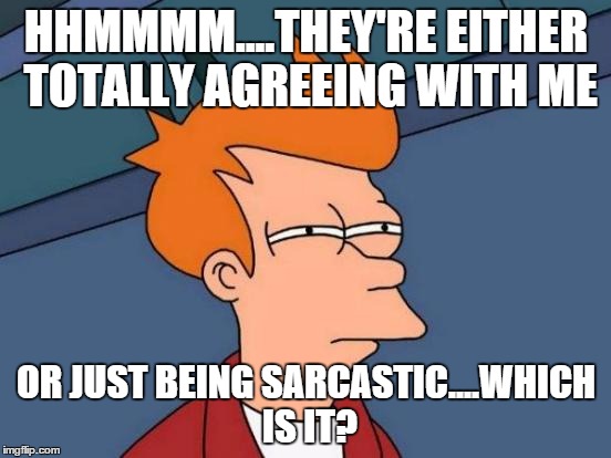 futurama fry agreeing | HHMMMM....THEY'RE EITHER TOTALLY AGREEING WITH ME; OR JUST BEING SARCASTIC....WHICH IS IT? | image tagged in memes,futurama fry | made w/ Imgflip meme maker