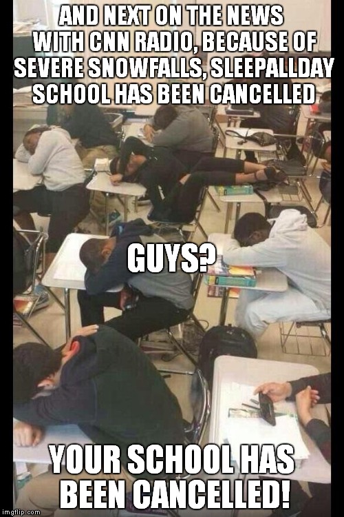 First Day of School | AND NEXT ON THE NEWS WITH CNN RADIO, BECAUSE OF SEVERE SNOWFALLS, SLEEPALLDAY SCHOOL HAS BEEN CANCELLED; GUYS? YOUR SCHOOL HAS BEEN CANCELLED! | image tagged in first day of school | made w/ Imgflip meme maker