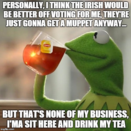 irish election muppet | PERSONALLY, I THINK THE IRISH WOULD BE BETTER OFF VOTING FOR ME, THEY'RE JUST GONNA GET A MUPPET ANYWAY... BUT THAT'S NONE OF MY BUSINESS, I'MA SIT HERE AND DRINK MY TEA | image tagged in memes,but thats none of my business,kermit the frog | made w/ Imgflip meme maker