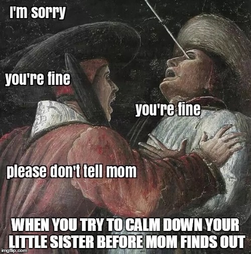 You`ll be okay | WHEN YOU TRY TO CALM DOWN YOUR LITTLE SISTER BEFORE MOM FINDS OUT | image tagged in funny | made w/ Imgflip meme maker