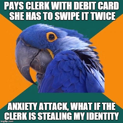 Paranoid Parrot | PAYS CLERK WITH DEBIT CARD SHE HAS TO SWIPE IT TWICE; ANXIETY ATTACK, WHAT IF THE CLERK IS STEALING MY IDENTITY | image tagged in memes,paranoid parrot | made w/ Imgflip meme maker