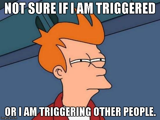 Futurama Fry | NOT SURE IF I AM TRIGGERED; OR I AM TRIGGERING OTHER PEOPLE. | image tagged in memes,futurama fry | made w/ Imgflip meme maker