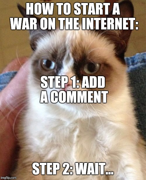 Literally the best way to start a flamewar with idiots. | HOW TO START A WAR ON THE INTERNET:; STEP 1: ADD A COMMENT; STEP 2: WAIT... | image tagged in memes,grumpy cat | made w/ Imgflip meme maker