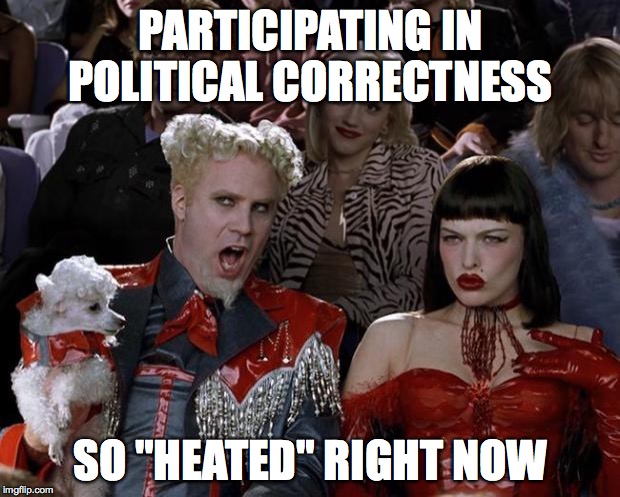 Mugatu So Hot Right Now | PARTICIPATING IN POLITICAL CORRECTNESS; SO "HEATED" RIGHT NOW | image tagged in memes,mugatu so hot right now | made w/ Imgflip meme maker