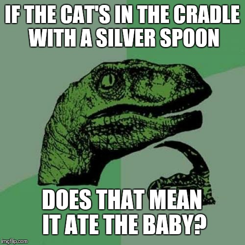 Oh Shit | IF THE CAT'S IN THE CRADLE WITH A SILVER SPOON; DOES THAT MEAN IT ATE THE BABY? | image tagged in memes,philosoraptor | made w/ Imgflip meme maker