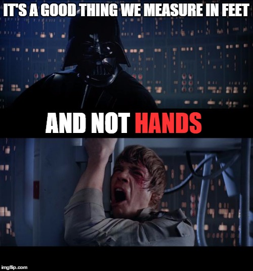 Darth Ruler | IT'S A GOOD THING WE MEASURE IN FEET; AND NOT; HANDS | image tagged in memes,star wars no,lol,funny,funny memes,wrong | made w/ Imgflip meme maker