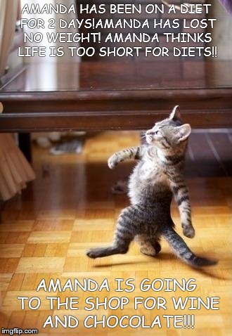 Cool Cat Stroll Meme | AMANDA HAS BEEN ON A DIET FOR 2 DAYS!AMANDA HAS LOST NO WEIGHT!
AMANDA THINKS LIFE IS TOO SHORT FOR DIETS!! AMANDA IS GOING TO THE SHOP FOR WINE AND CHOCOLATE!!! | image tagged in memes,cool cat stroll | made w/ Imgflip meme maker