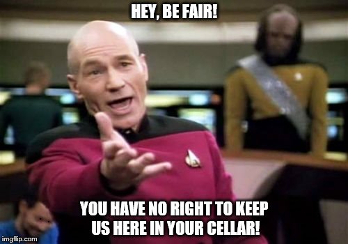 Picard Wtf | HEY, BE FAIR! YOU HAVE NO RIGHT TO KEEP US HERE IN YOUR CELLAR! | image tagged in memes,picard wtf | made w/ Imgflip meme maker