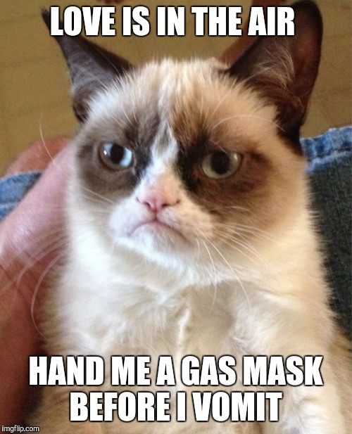 Grumpy Cat | LOVE IS IN THE AIR; HAND ME A GAS MASK BEFORE I VOMIT | image tagged in memes,grumpy cat | made w/ Imgflip meme maker