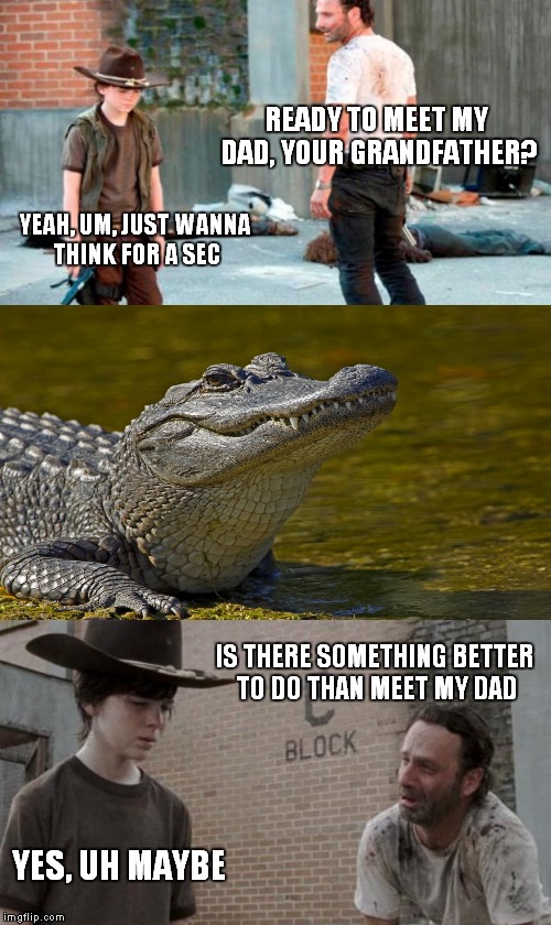 sequel to one of my previous memes | READY TO MEET MY DAD, YOUR GRANDFATHER? YEAH, UM, JUST WANNA THINK FOR A SEC; IS THERE SOMETHING BETTER TO DO THAN MEET MY DAD; YES, UH MAYBE | image tagged in memes,rick and carl 3 | made w/ Imgflip meme maker