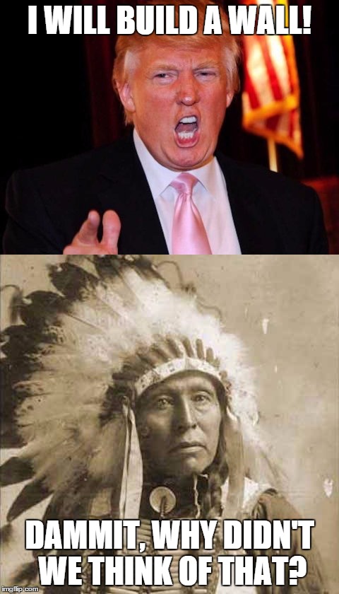 Donald Trump and Native American | I WILL BUILD A WALL! DAMMIT, WHY DIDN'T WE THINK OF THAT? | image tagged in donald trump and native american | made w/ Imgflip meme maker