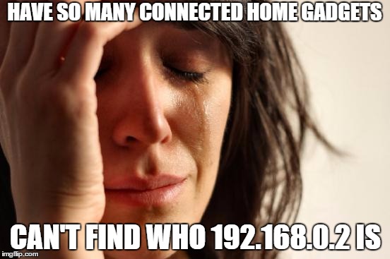 First World Problems Meme | HAVE SO MANY CONNECTED HOME GADGETS; CAN'T FIND WHO 192.168.0.2 IS | image tagged in memes,first world problems,AdviceAnimals | made w/ Imgflip meme maker